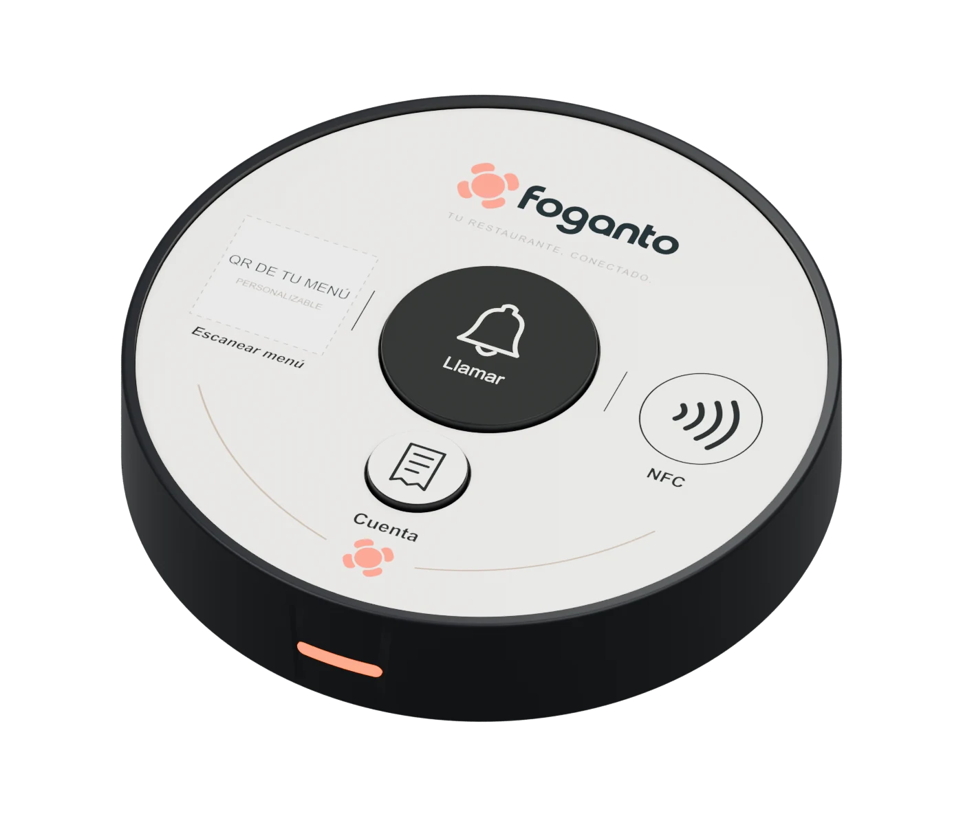 Llamador Foganto: cuerpo negro, frente crema, botones Llamar y Cuenta, QR y NFC.